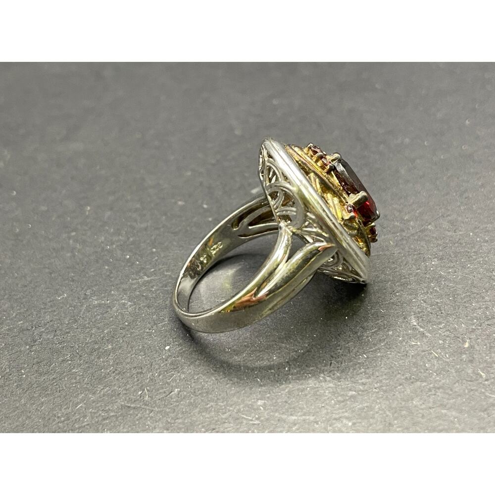 Vtg Gothic Red Garnet Filigree Ring Two Tone Sterling Silver Scroll Shield Sz 9 - Picture 5 of 7